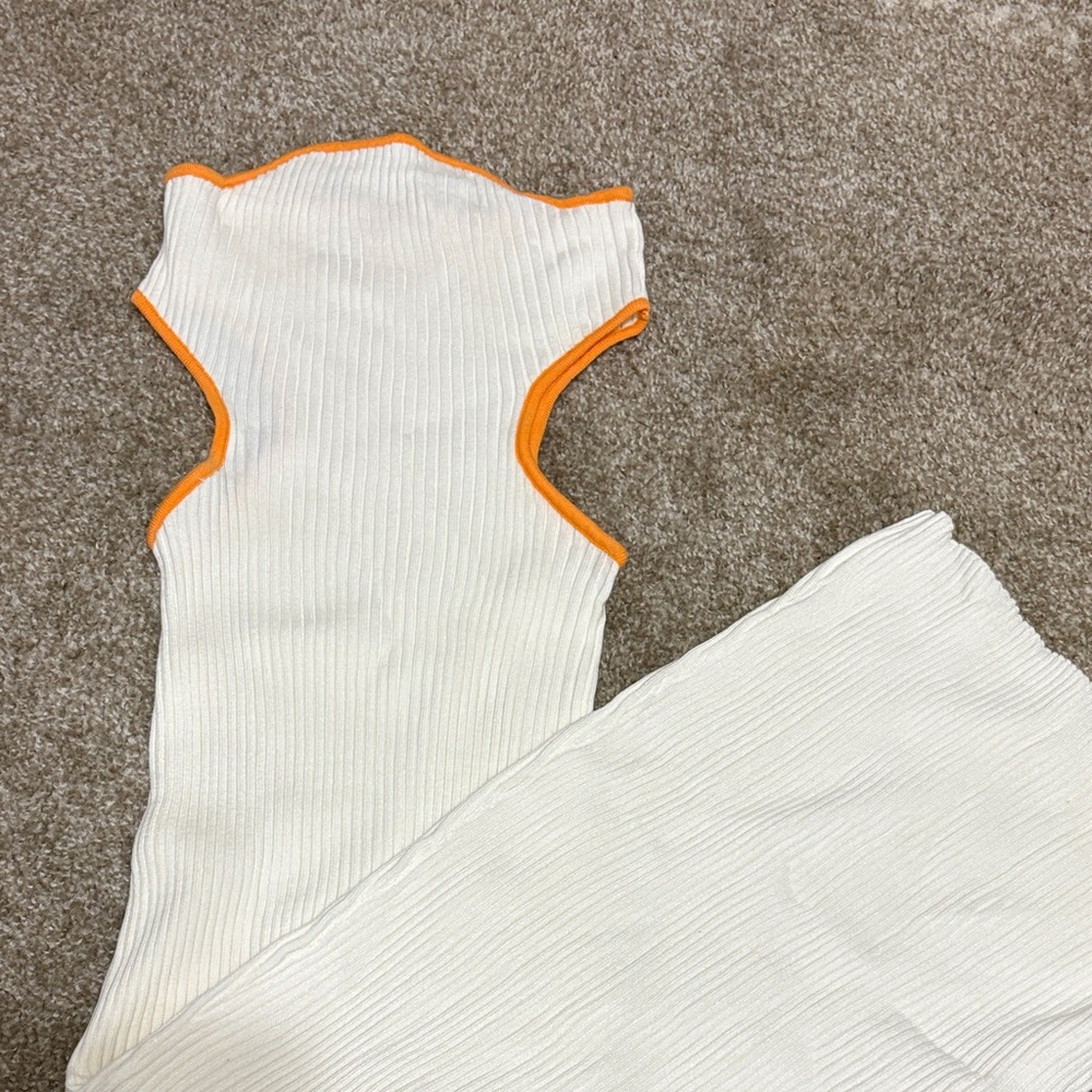 PepperMayo Strapless White Ribbed Maxi Dress with Orange Trim and cutouts